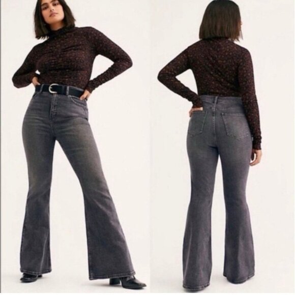 Free People Robin CRVY High Rise Flare Jeans Gray Black Wash Womens Size 28 Boho - Picture 3 of 11